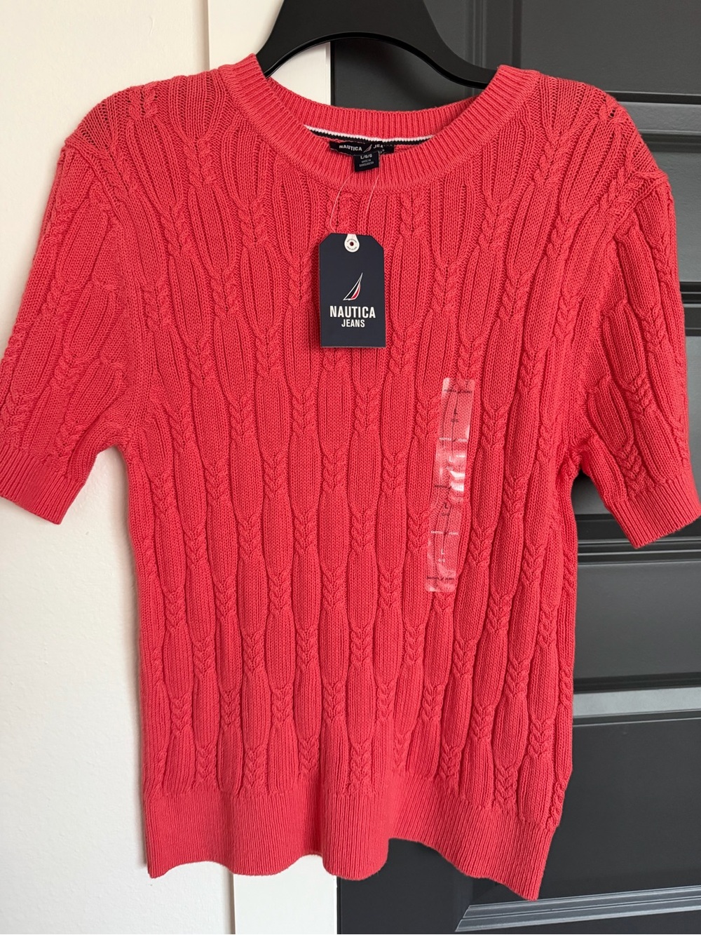 Nautica Short-Sleeve Cable-Knit Sweater in Coral
